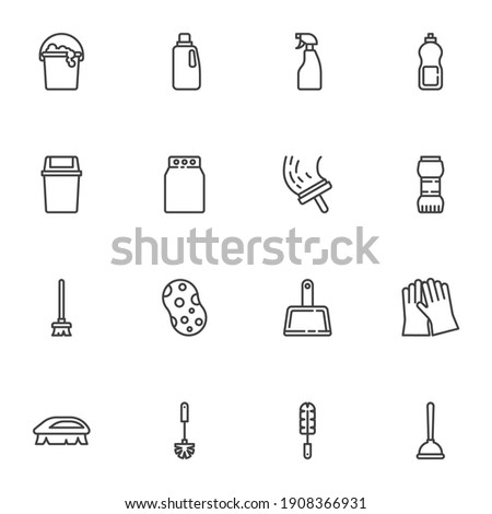 Cleaning service line icons set, outline vector symbol collection, linear style pictogram pack. Signs, logo illustration. Set includes icons as sponge, laundry, toilet brush, trash bin, detergent