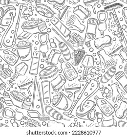 Cleaning service line seamless pattern vector illustration. Hand drawn outline housekeeping equipment for cleaning company, sketches of domestic tools for housework, basket and laundry detergent