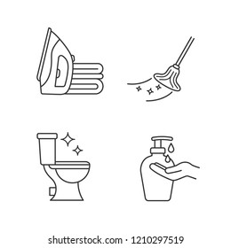Cleaning service linear icons set. Ironing, mop, clean toilet, hands soap. Thin line contour symbols. Isolated vector outline illustrations. Editable stroke