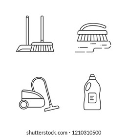 Cleaning service linear icons set. Scoop and sweeping brush, vacuum cleaner, scrub brush, cleaning product. Thin line contour symbols. Isolated vector outline illustrations. Editable stroke