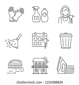 Cleaning service linear icons set. Household gloves, detergents, maid, broom, schedule, garbage bin, scrub brush, ironing, house cleaning. Isolated contour vector outline illustration. Editable stroke