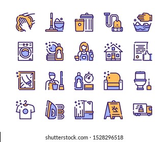 Cleaning Service Linear Icons Set. Housekeeping Items. Kitchen And Bathroom Cleaning Products Isolated Outline Symbols. Laundry, Dishwashing. Household Chores. Housework Color Thin Line Illustrations