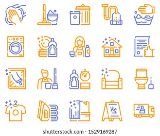 Cleaning service linear icons set. Housekeeping items. Kitchen and bathroom cleaning products isolated outline symbols. Laundry, dishwashing. Household chores. Housework color thin line illustrations