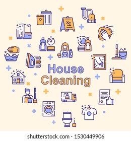 Cleaning service linear icons set. Housekeeping items. Kitchen and bathroom cleaning products isolated outline symbols. Laundry, dishwashing. Household chores. Housework color thin line illustrations