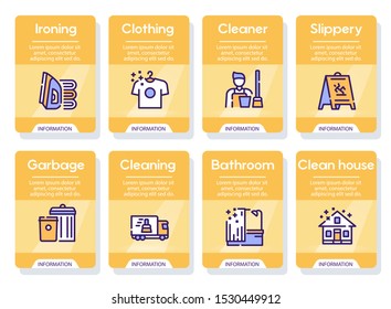 Cleaning service linear icons set. Housekeeping items. Kitchen and bathroom cleaning products isolated outline symbols. Laundry, dishwashing. Household chores. Housework color thin line illustrations