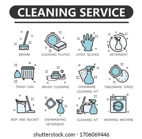 Cleaning service linear icons set. Cleaning products. Napkins, sponge, broom, mop. Window, tile, floor, bathroom, kitchen cleaner. Line with editable stroke