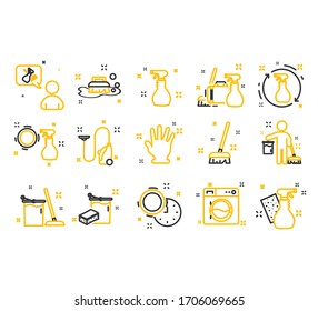 Cleaning service linear icons set. Cleaning products. Cleaning, laundry, washing, broom, cleanliness, washing windows, freshness, bucket