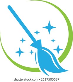 Cleaning Service Logo Blue Broom with Green Circle and Sparkles