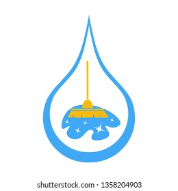Cleaning service logo. Broom and a puddle of water inside a drop of water.