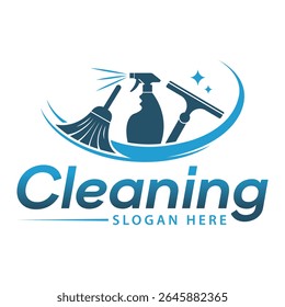 Logotipo do serviço de limpeza com garrafa de spray de vassoura e ícone do aperto Higiene e Manutenção Negócios
