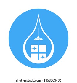 Cleaning service logo. Broom and window inside a drop of water on a background circle.