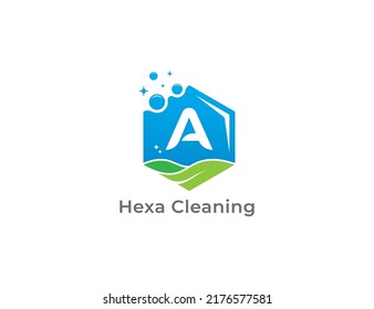Cleaning Service Logo Concept icon symbol Design with Letter A. Hexagon Cleaning Service Logo with Leaf. Vector illustration logo template