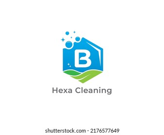 Cleaning Service Logo Concept icon symbol Design with Letter B. Hexagon Cleaning Service Logo with Leaf. Vector illustration logo template