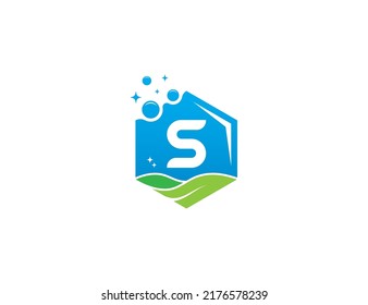 Cleaning Service Logo Concept icon symbol Design with Letter S. Hexagon Cleaning Service Logo with Leaf. Vector illustration logo template