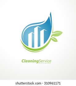 Cleaning service logo design idea. Water drop with buildings in negative space. Creative Eco symbol template. Icon layout with green leaves.