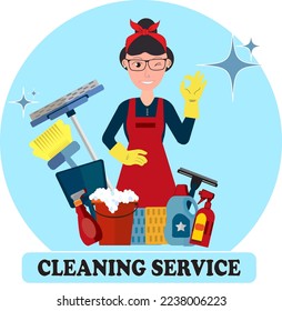 Cleaning service. Logo. Girl in bandana and glasses with cleaning supplies. Vector illustration.
