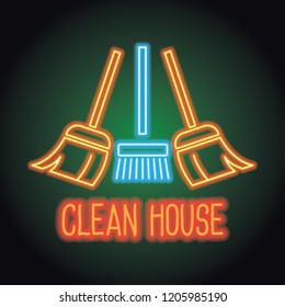cleaning service logo for home and office service with neon light effect. vector illustration