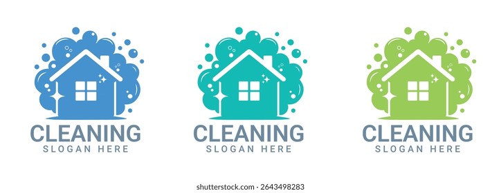 Cleaning Service Logo with a House Surrounded by Bubbles