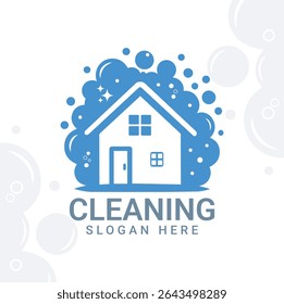 Cleaning Service Logo with a House Surrounded by Bubbles