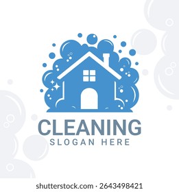 Cleaning Service Logo with a House Surrounded by Bubbles