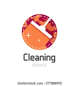 Cleaning service logo, orange house cleaning symbol, home water cleaning circle emblem, wet cleaning, mop flat icon, simple sign, label sticker vector illustration design isolated on white