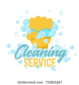 Cleaning Service Logo, Symbol Or Label Template. Hand With Sponge For Washing And Text Title