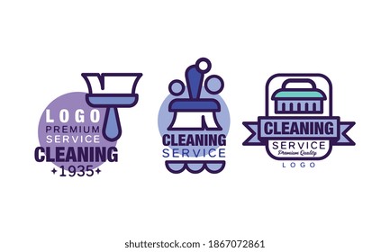 Plantilla de logotipo de servicio de limpieza con conjunto de vectores de escobas de pincel y jabón