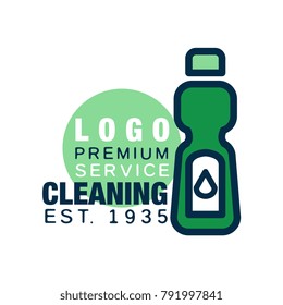 Cleaning service logo template. Detergent bottle icon in line style with green fill. Flat vector design for business card, poster or banner. Place for text