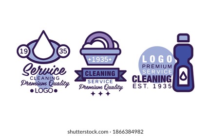 Plantilla de logotipo de servicio de limpieza con conjunto de vectores de caída y detergente