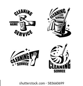 Cleaning service logotypes with broom, spray, bucket, glove and rag. Vector icon isolated on white background