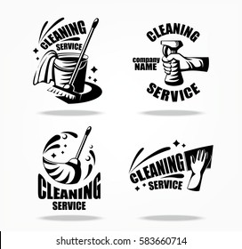 Cleaning service logotypes with broom, spray, bucket, glove and rag. Vector icon isolated on white background