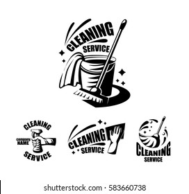 Cleaning service logotypes with broom, spray, bucket, glove and rag. Vector icon isolated on white background