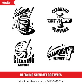 Cleaning service logotypes with broom, spray, bucket, glove and rag. Vector icon isolated on white background
