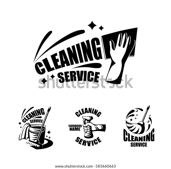 Cleaning service logotypes with broom, spray, bucket, glove and rag