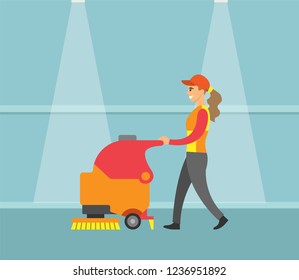 Cleaning service, machine with brush tool vector. Cleaner woman working, dusting floor and wearing uniform. Professional maid, walking along hall