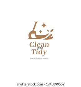 Cleaning service maid logo with shining broom brush icon, expert cleaning laundry, washing, and lawn care service logo for residential and commercial client