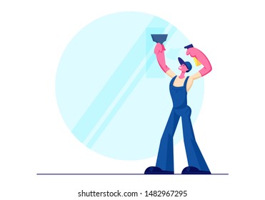 Cleaning Service, Male Character Wearing Blue Uniform Overalls Washing Window Wiper and Water Sprayer . Man Professional Employee of Cleaning Company Working Process. Cartoon Flat Vector Illustration