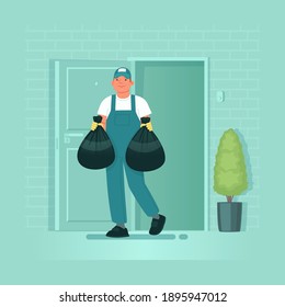 Cleaning service. A male employee in uniform takes out garbage bags from a house or apartment. Vector illustration in flat style