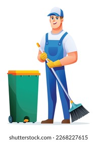 Cleaning service man with broom and trash can. Male janitor cartoon character