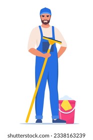 Cleaning service man character in uniform with glass cleaning scraper. Worker of cleaning service. Vector illustration