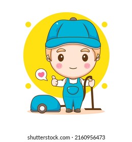 Cleaning service. Man dressed in uniform on isolated background. Vector art illustration in a flat style