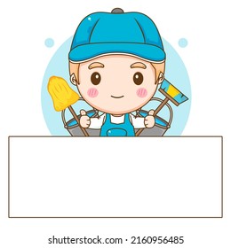 Cleaning service. Man dressed in uniform on isolated background. Vector art illustration in a flat style