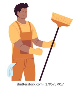 cleaning service man with gloves and cleaning utensils vector illustration design