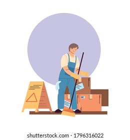 cleaning service man with gloves, cleaning utensils and boxes vector illustration design