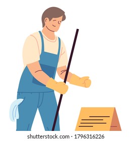 cleaning service man with gloves and cleaning utensils vector illustration design