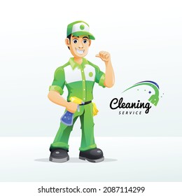 Cleaning Service Man With Green Uniform Mascot Illustration