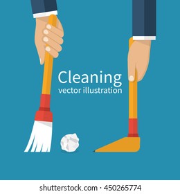 Cleaning service. Man holding in hand a broom sweeping garbage, collecting in the dustpan. Vector illustration flat design. Brush and scoop.
