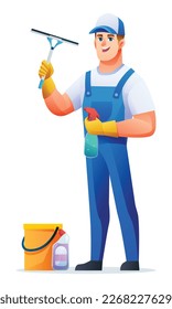 Cleaning service man holding window cleaning tools. Male janitor cartoon character
