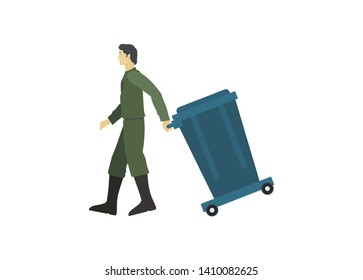cleaning service man pulling garbage trolley