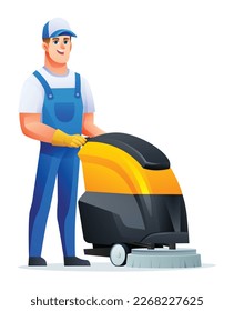 Cleaning service man with scrubber machine. Male janitor cartoon character